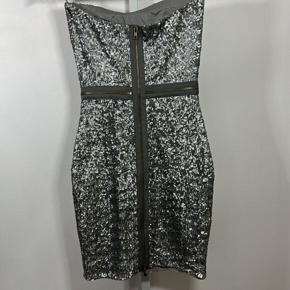 DRESS THE POPULATION Women’s Sequined Ava Strapless Mini Dress Silver Size XS - Picture 9 of 15